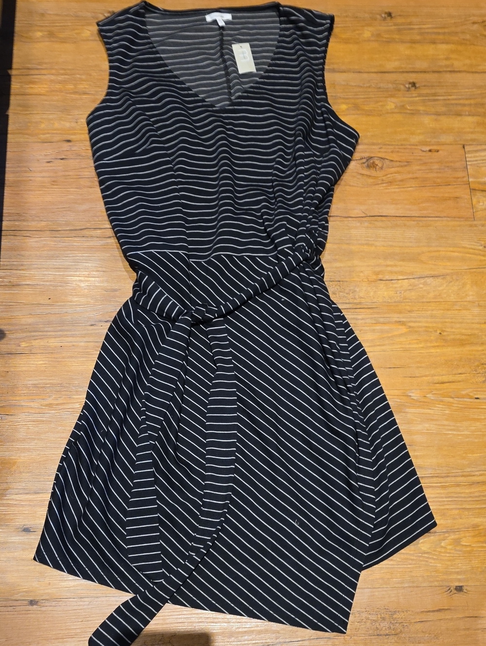 Black & White Striped Sleeveless Wrap Dress